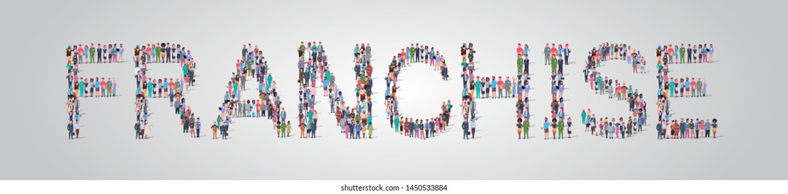 people crowd gathering in shape of franchise word different occupation employees mix race workers group standing together social media community concept flat horizontal - Shutterstock ID 1450533884