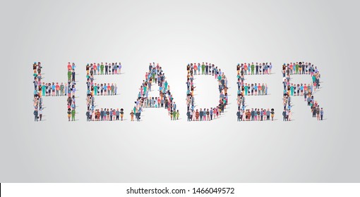 people crowd gathering in shape of header word. different occupation. employees mix race workers. group standing together, social media communication concept flat horizontal.