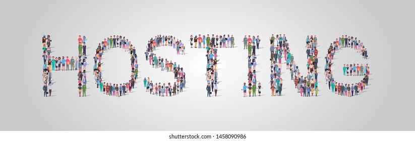 people crowd gathering in shape of hosting word different occupation employees mix race workers group standing together social media community concept flat horizontal