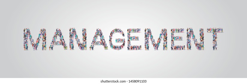people crowd gathering in shape of management word different occupation employees mix race workers group standing together social media community concept flat horizontal