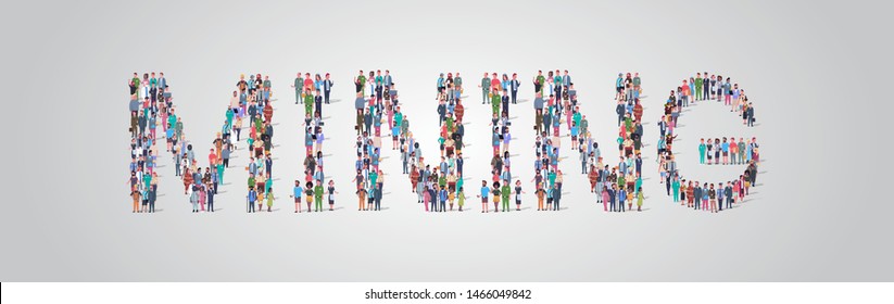 people crowd gathering in shape of mining word different occupation employees mix race workers group standing together social media community concept flat horizontal