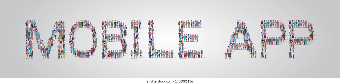 people crowd gathering in shape of mobile app word different occupation employees mix race workers group standing together social media community concept flat horizontal - Shutterstock ID 1458091136