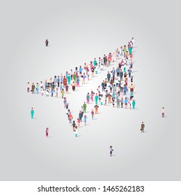 people crowd gathering in shape of paper plane icon social media community new startup concept different occupation employees group standing together full length