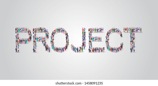 people crowd gathering in shape of project word different occupation employees mix race workers group standing together social media community concept flat horizontal