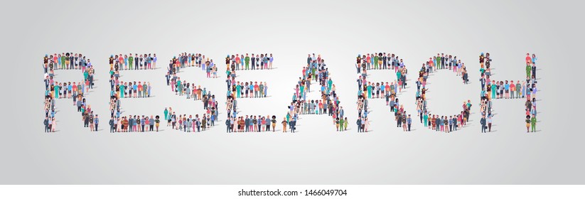 people crowd gathering in shape of research word. different occupation employees mix race workers. group standing together. social media community concept flat horizontal.