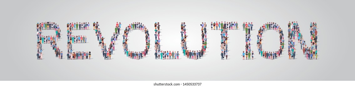people crowd gathering in shape of revolution word different occupation employees mix race workers group standing together social media community concept flat horizontal - Shutterstock ID 1450533737