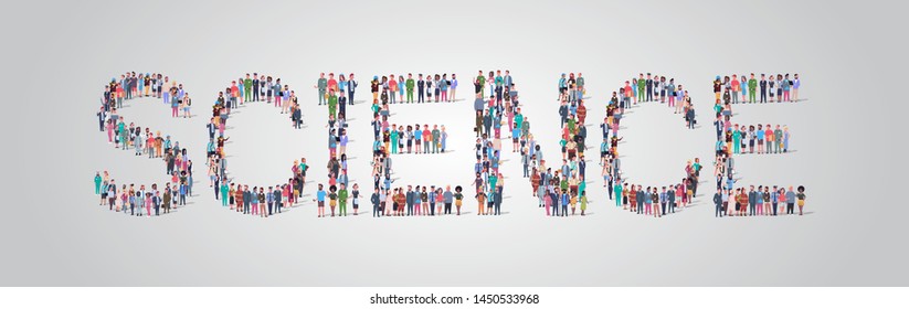 people crowd gathering in shape of science word different occupation employees mix race workers group standing together social media community concept flat horizontal