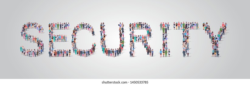 people crowd gathering in shape of security word different occupation employees mix race workers group standing together social media community concept flat horizontal