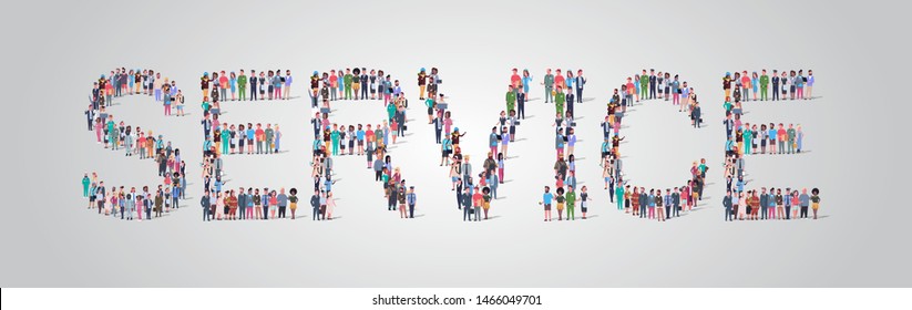 People Crowd Gathering In Shape Of Service Word. Different Occupation Employees. Mix Race Workers Group Standing Together Social Media Community Concept Flat Horizontal Vector Illustration.