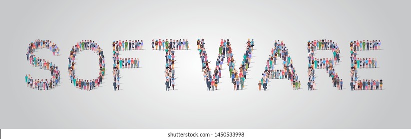 people crowd gathering in shape of software word different occupation employees mix race workers group standing together social media community concept flat horizontal