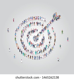 people crowd gathering in shape of target with arrow icon social media community goal competition achievement concept different occupation employees group standing together full length