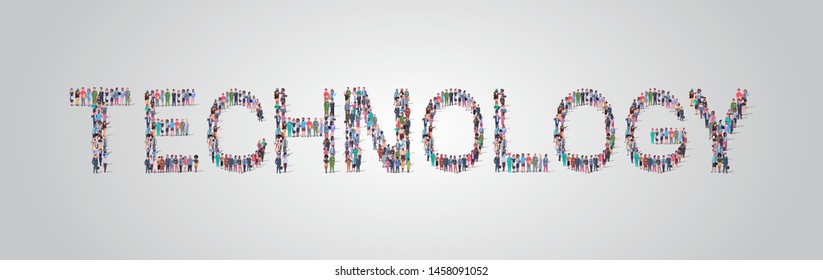 people crowd gathering in shape of technology word different occupation employees mix race workers group standing together community concept flat horizontal