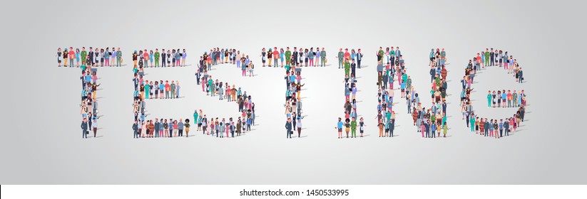 people crowd gathering in shape of testing word different occupation employees mix race workers group standing together social media community concept flat horizontal