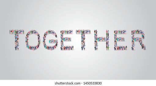 people crowd gathering in shape of together word different occupation employees mix race workers group standing together social media community concept flat horizontal