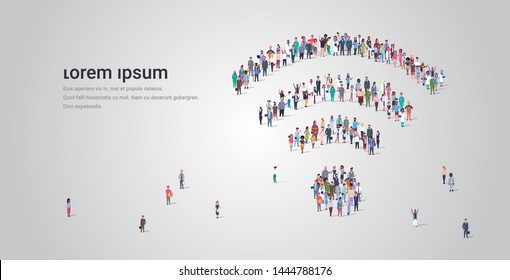 people crowd gathering in shape of wifi icon social media community wireless internet connection concept different occupation employees group standing together full length horizontal copy space