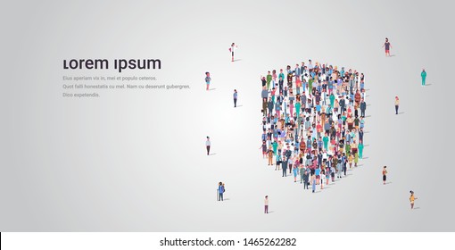 people crowd gathering in shield icon shape social media community protection security concept different occupation employees group standing together full length horizontal copy space