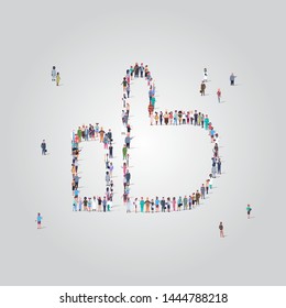 people crowd gathering in thumb up shape social media community successful feedback hand gesture concept different occupation employees group standing together full length vector illustration