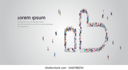 people crowd gathering in thumb up shape social media community successful feedback hand gesture concept different occupation employees group standing together horizontal copy space full length