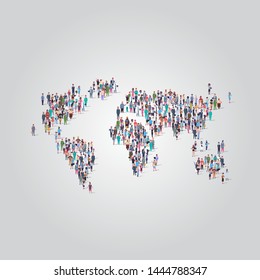 people crowd gathering in world map icon shape social media community travel concept different occupation employees group standing together full length