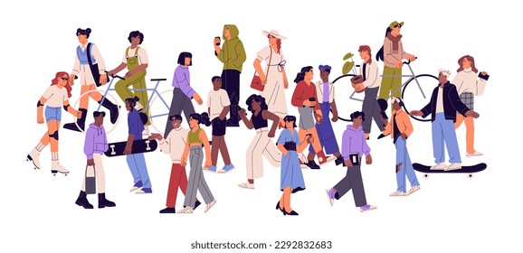 La gente se dirige a diferentes negocios. Muchos ciudadanos diversos caminando al aire libre, en la calle. Concepto de sociedad urbana moderna. Muchos personajes. Ilustración vectorial plana aislada en fondo blanco