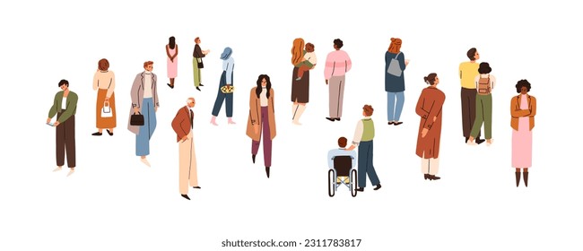 La gente se va, espera, mira. Sociedad inclusiva, parejas, familias, hombres y mujeres visitantes caminando y mirando en diferentes direcciones. Ilustración vectorial plana aislada en fondo blanco