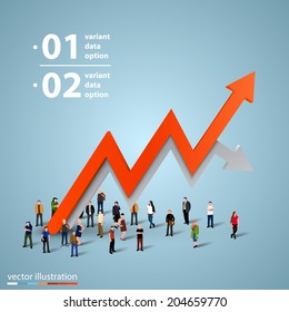 People crowd with a graph. Businessman of success, Arrows business tape art info. Profit red arrow with people,  Vector illustration
