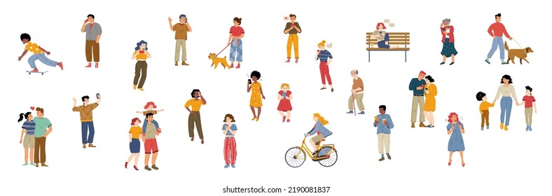 People crowd, group of diverse characters, modern community, city dwellers, audience. Young and old men or women, kids, teenagers, mother with children, couples, pets Line art flat vector illustration