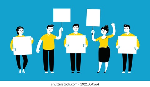 People crowd holding blank banners. Manifesting activists vector illustration