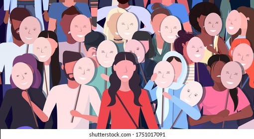 people crowd holding positive masks men women group covering face emotions behind masks fake feeling depression mental disorder concept full length horizontal vector illustration