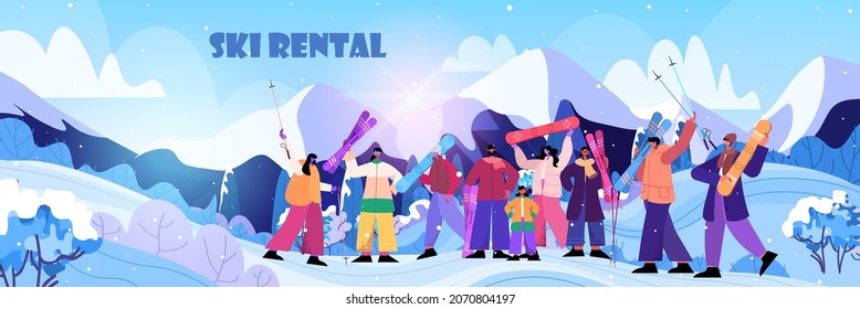 people crowd holding snowboards and skis men women doing winter activities christmas new year holidays celebration