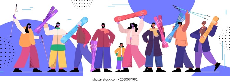 people crowd holding snowboards and skis men women doing winter activities christmas new year holidays celebration ski rental