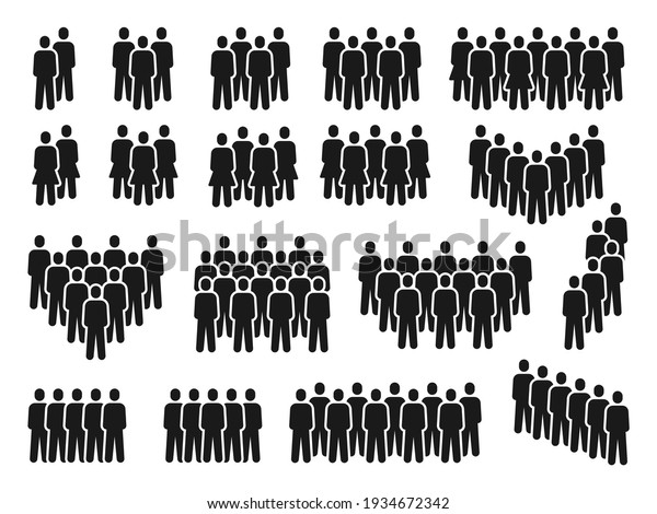 People crowd icons. Group of persons gathering, men\
and women silhouette. Employee team, citizen or social community\
pictograms vector set