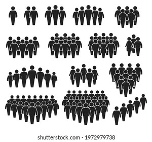 People crowd icons. Large group of people. Team of men or women. People gathering together, standing in queue. Person pictogram icon vector set. User group network, silhouettes for infographic