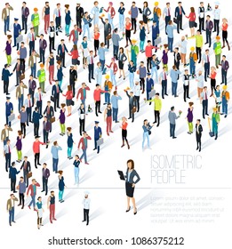 People crowd. Isometric vector background  mock up. Men and women, various professions and styles, people diversity presentation, web site, banner template.