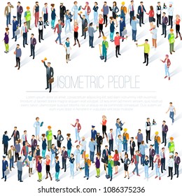 People crowd. Isometric vector background  mock up. Men and women, various professions and styles, people diversity presentation, web site, banner template.