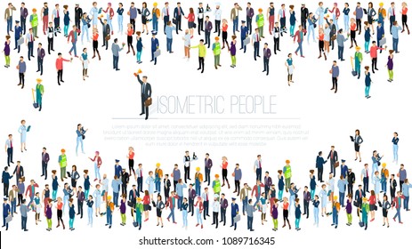 People Crowd. Isometric Vector Background  Mock Up. Men And Women, Various Professions And Styles, People Diversity Presentation, Web Site, Banner Template.