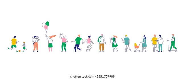 People crowd  line art people banner. Men and women, parents, kids walking outdoor.	