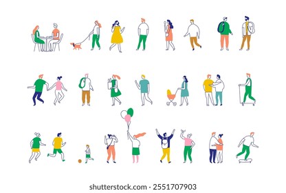 People crowd line art people bundle. Men and women, parents, kids walking outdoor.	