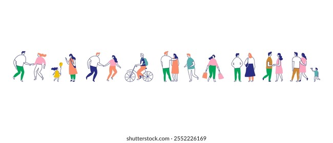 People crowd  line art stylized people banner. Men and women, parents, kids walking outdoor.	