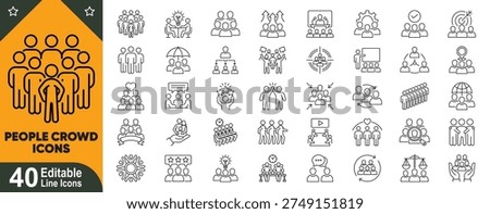 People crowd line icons set. Group, community, audience, teamwork, protest, rally, public gathering and social movement pictogram collection, editable stroke vector icons.