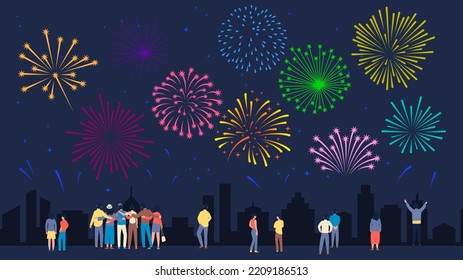 People crowd looking firework in night city. Festive time, anniversary or big party in town. Friends, couples and single person walk at evening downtown vector scene