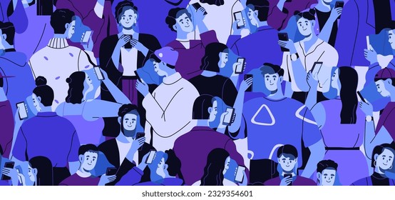 Gente mirando a la multitud las pantallas de los teléfonos móviles, diseño de patrones sin fisuras. Personajes felices con smartphones en línea, navegando por internet. Fondo infinito, impresión repetida. Ilustración vectorial plana