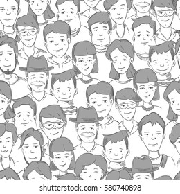 People crowd with many faces, human heads vector seamless background. Cute people faces in crowd. Illustration of hand drawn people