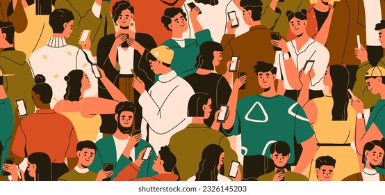 People crowd with mobile phones in hands, seamless pattern. Many happy smartphone users, endless background. Repeating printable print, characters with cellphones. Colored flat vector illustration