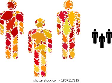 Icono de mosaico People Crowd diseñado para la temporada de otoño. El mosaico de masas de vectores se construye con hojas de arce y roble de caída dispersas. Hojas otoñales mosaicas en colores dorados brillantes, marrones y rojos.
