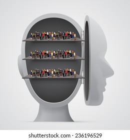 People Crowd On Shelves Inside Head. Vector Illustration