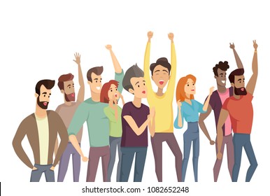 People Crowd And Pastime, Humans Raising Hands Up, Demonstration Throng, Men Women Shouting Smiling Having Fun, Vector Illustration On White Background