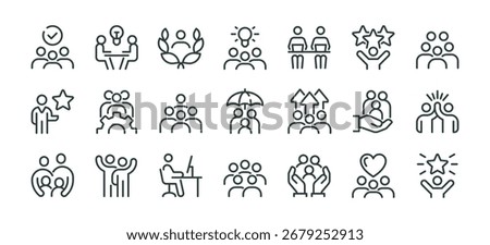 People crowd, person group, human resources, team work icons pack. Line signs office worker and employees group, staff people. Thin vector icons set for web and app outline pictograms editable stroke.