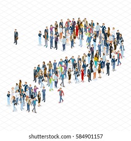 People crowd question mark vector template. Isometric 3d flat design vector standing and sitting people different characters, styles and professions.  svg