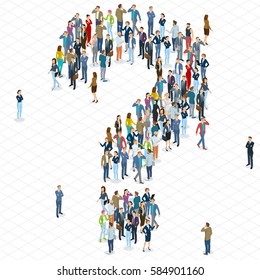 People crowd question mark vector template. Isometric 3d flat design vector standing and sitting people different characters, styles and professions. 